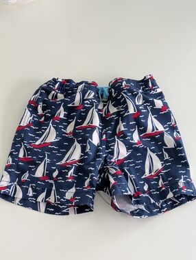 Crewcuts Navy Blue Sailboat Swim Shorts with Red & White Accents
